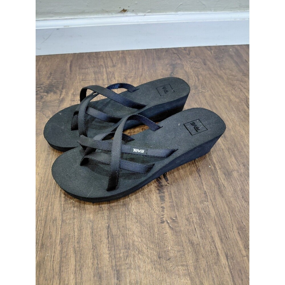 Teva Tirra Black Wedge Thong Sandals Size 8 Criss Cross Flip Flops
